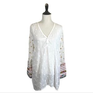 Johnny Was White Sheer Long Sleeve Too, Floral Embroidered Cuffs